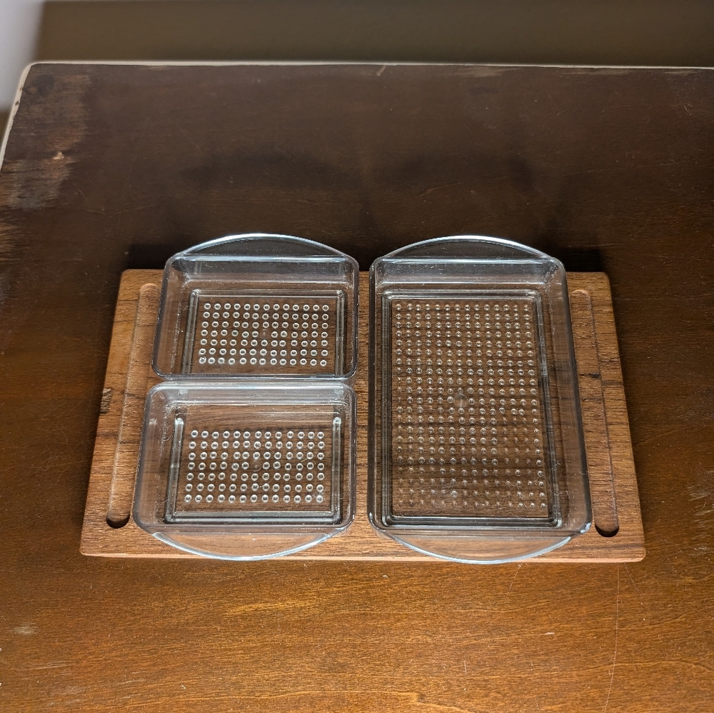 Vintage teak and plastic condiment board